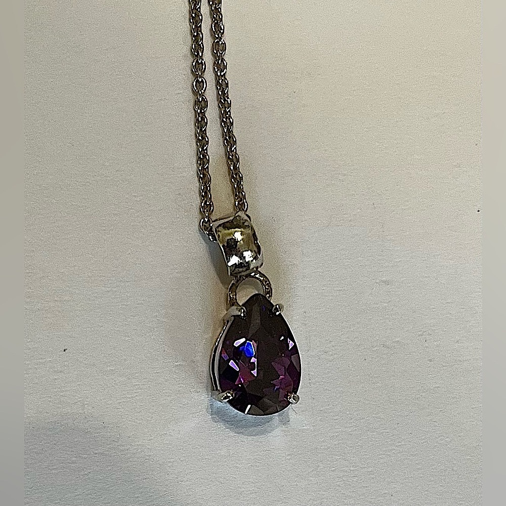 Vintage Sterling Silver Purple Stone Teardrop Pendant Necklace 20” length
